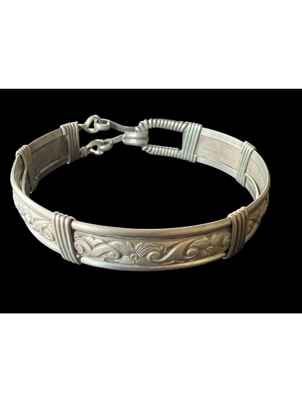 Vintage 925 Sterling Silver Wire Wrapped Floral Scrollwork Bracelet Hook Clasp